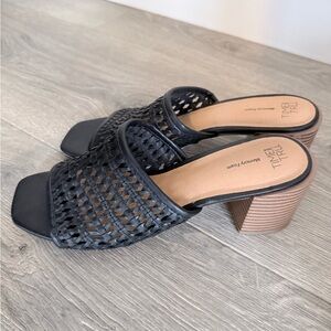 Time and Tru Black Woven Mules with Tan Block Heel